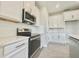 Close up of a modern kitchen with stainless steel appliances, subway tile backsplash, and white cabinetry at 1001 Umbria Dr, Poinciana, FL 34759