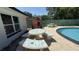 Charming backyard featuring a brick barbecue, a mosaic picnic table, and ample space for outdoor entertaining by the pool at 2074 Dunsford Dr, Orlando, FL 32808