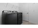Bright laundry room features sleek, modern washer and dryer, storage shelf, and clean, neutral decor at 4290 Paragraph Dr, Kissimmee, FL 34746