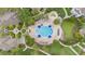 Aerial view of a community pool featuring lounge chairs, umbrellas, and well-manicured landscaping at 6548 Swissco Dr # 61, Orlando, FL 32822