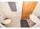 A cozy half bathroom featuring a pedestal sink, toilet, and a gray towel at 10733 Savannah Landing Cir, Orlando, FL 32832