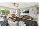 Open-concept living room with a ceiling fan, TV, and sliding glass doors leading to the patio at 1272 Bonita Canyon Dr, Poinciana, FL 34759
