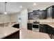 Kitchen features stainless steel appliances, dark cabinets, and granite countertops at 1300 Island Green St, Davenport, FL 33896