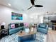 Open-concept living room with stylish furniture, modern décor, and ample natural light at 1425 Serendipity Ln, Clermont, FL 34714