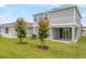 Well-maintained backyard with lush lawn, two young trees, covered patio, and sliding glass doors at 227 Bull Frog Ln, Umatilla, FL 32784