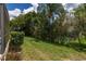 Spacious, well-maintained backyard featuring lush lawn, mature trees, and privacy hedges for serene outdoor living at 3125 Samosa Hill Cir, Clermont, FL 34714