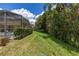 Picturesque backyard with green lawn and mature shrubs that provides a secluded outdoor space with ample privacy at 3125 Samosa Hill Cir, Clermont, FL 34714