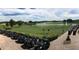 Numerous golf carts parked along a paved path, with a view of the golf course, a lake, and a fountain at 13885 Arclid St, Orlando, FL 32832