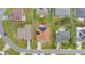 Aerial view of a home with solar panels and a screened-in pool, surrounded by neighborhood residences at 143 Brixham Ct, Kissimmee, FL 34758