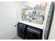 Functional laundry room featuring modern washer and dryer, shelving, countertop space, and door access at 1508 Bunker Drive Bunker, Davenport, FL 33896