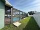 View of the screened pool and a grassy yard that extends behind a white fence at 2410 Sweetwater Blvd, St Cloud, FL 34772