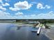 Expansive waterfront view from above featuring a lake, long dock, and lush greenery at 621 Rebecca Dr, St Cloud, FL 34769