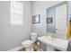 Stylish half bathroom features a white vanity with a pedestal sink, a toilet, and a decorative mirror at 7400 Estuary Lake Loop, Celebration, FL 34747