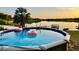 Inviting above-ground pool featuring lake views, inflatable floats, and tropical palm trees creating a relaxing oasis at 822 S Breen Rd, Lake Wales, FL 33898