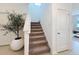 Carpeted stairs with white risers and a potted tree on the tiled foyer floor at 895 Overpool Ave, Davenport, FL 33896