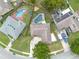 Aerial view showcasing residential backyards with an in-ground and an above-ground pool, and a patio area at 1436 Nolton Way, Orlando, FL 32822