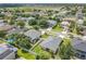 Aerial view of a residential neighborhood showcasing well-maintained homes, mature trees, and green lawns on a sunny day at 15341 Groose Point Ln, Clermont, FL 34714