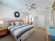 Bedroom showcasing a ceiling fan, carpet flooring, and a glimpse into the bathroom at 1426 Park Park, Haines City, FL 33844