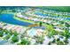 Aerial view shows community pool near community homes and ponds, surrounded by mature landscaping at 233 Rialto Rd, Kissimmee, FL 34759