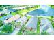 High angle aerial view of homes backing to a lake with landscaped lawns at 233 Rialto Rd, Kissimmee, FL 34759