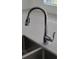 Close-up of a sleek chrome kitchen faucet with a pull-down sprayer and stainless steel sink at 443 Cool Summer Ln, Davenport, FL 33837