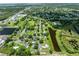 Aerial shot of the neighborhood featuring lush green spaces and a tranquil pond near residential properties at 2947 Larson St, Kissimmee, FL 34741