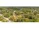 A high angle, slightly distant aerial view showcases a residence nestled among trees in a lush neighborhood at 525 W Blue Springs Ave, Orange City, FL 32763