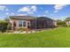 View of the backyard, displaying manicured landscaping, and an inviting screened-in patio at 561 Tapatio Ln, Kissimmee, FL 34759