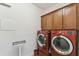 Laundry room featuring new, red LG washer and dryer and overhead cabinets at 561 Tapatio Ln, Kissimmee, FL 34759