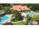 Aerial view of community pool area featuring palm trees, pools, lounge chairs, and umbrellas at 8517 Bay Lilly Loop, Kissimmee, FL 34747