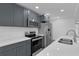 Updated kitchen featuring stainless steel appliances, gray cabinets, and bright countertops, ready for your culinary creations at 807 E Airport Blvd, Sanford, FL 32773
