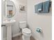 Cozy powder room featuring pedestal sink, toilet, and decorative accents at 9128 Stromboli Ct, Kissimmee, FL 34747