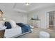 Bright main bedroom with plush carpet, tray ceiling, and television above the dresser at 3420 Middlebrook Pl, Harmony, FL 34773