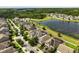 Aerial view of homes located near a scenic pond and lush green wooded areas at 3424 Middlebrook Pl, Harmony, FL 34773