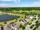 Picturesque aerial view of homes near a pond and golf course, surrounded by lush greenery at 3424 Middlebrook Pl, Harmony, FL 34773