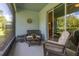 Relaxing screened patio with wicker furniture and view of lush landscaping at 3606 Solana Cir, Clermont, FL 34711