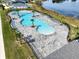 A uniquely-shaped community pool with palm trees, lounge chairs, and a lakeside view offers a resort-style experience at 3926 Palazzo Pl, Winter Haven, FL 33884