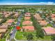Aerial view of a community with mature trees, red roofs, lush landscaping and a lake in the distance at 572 Sienna Dr, Poinciana, FL 34759