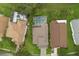 Aerial view of houses featuring backyard screened pools at 114 Harwood Cir, Kissimmee, FL 34744