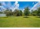 Expansive backyard with a lush lawn, mature trees, and a vintage bicycle creating a serene outdoor space at 2726 Harmonia Hammock Rd, Harmony, FL 34773