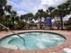 Close-up of jacuzzi spa with brick trim featuring spa rules, palm trees and landscaping at 4109 Vessel Ct, Kissimmee, FL 34746