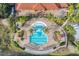 Aerial view of the community pool and surrounding recreation area, including lounge chairs and palm trees at 423 Paloma Dr, Davenport, FL 33837