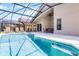 Lovely screened-in pool area with sunny patio, dining table, and lounge chairs at 423 Paloma Dr, Davenport, FL 33837