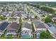 Scenic aerial view of a neighborhood featuring homes with screened-in pools and lush landscaping at 824 Bloomingdale Dr, Davenport, FL 33897