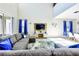 Comfortable living area with a gray sectional sofa, large windows, modern decor, and an open layout to dining area at 8974 Cabot Cliffs Dr, Davenport, FL 33896