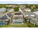An aerial view showcases the property featuring a screened pool, solar panels, and well-maintained landscaping at 1704 Pine Ridge Dr, Davenport, FL 33896