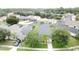 Overhead view of homes in a neighborhood, featuring manicured lawns, screened-in pools and mature landscaping at 350 Scrub Jay Way, Davenport, FL 33896