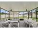 Cozy screened lanai featuring a dining table, lounge seating, and string lights, perfect for outdoor gatherings at 3859 Spirited Cir, St Cloud, FL 34772