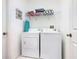 Well-lit laundry room with washer, dryer, shelf and decorative 