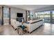 Elegant living room with modern furniture, stylish decor, and sliding glass doors to the backyard at 1810 Caribbean View Ter, Kissimmee, FL 34747